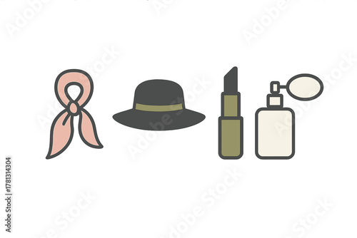 Collection of essential beauty and fashion accessories including hat, scarf, lipstick, and perfume