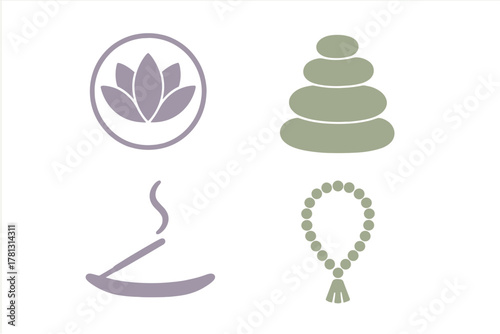 Spiritual wellness icons including lotus flower, stacked zen stones, incense stick, and mala beads