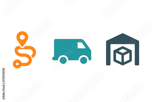 Set of flat icons representing shipping, delivery, logistics, route tracking, transport, and storage