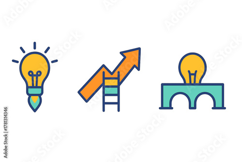 Colorful business icons representing idea generation, progress, and stable foundation concepts