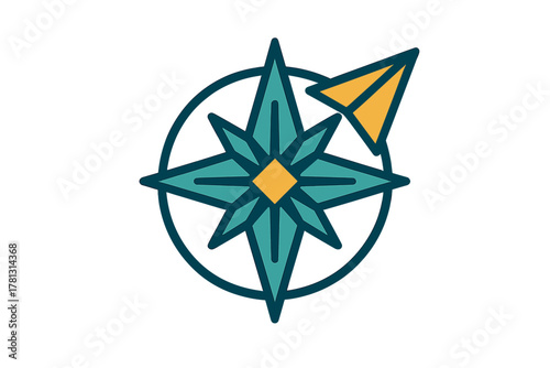 Colorful compass star symbol combined with a paper airplane icon for global travel and direction