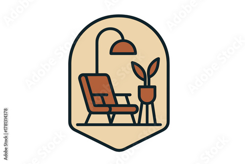 Interior design badge featuring a cozy reading nook with armchair, floor lamp, and houseplant