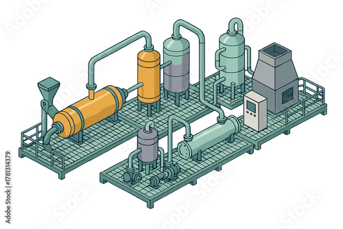 Isometric view of a complex industrial processing plant featuring tanks, pipes, and machinery