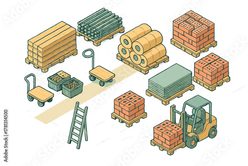 Collection of construction materials bricks lumber pipes and warehouse machinery