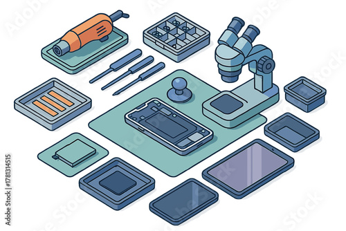 Electronic device repair station layout with disassembled smartphone, microscope, screwdrivers, and specialized tools
