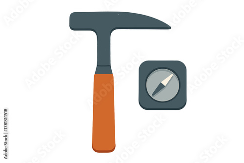 Geological rock hammer tool and square compass icon for exploration and science research