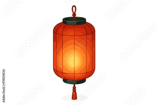 Traditional glowing red Chinese cylindrical lantern with tassel isolated on white background