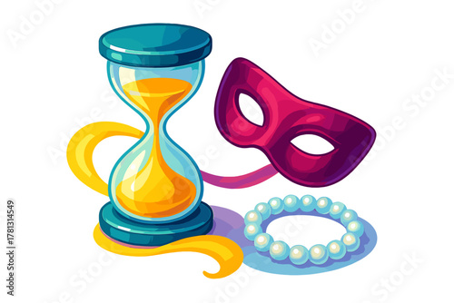 Classic hourglass, vibrant purple masquerade mask, and delicate pearl bracelet still life