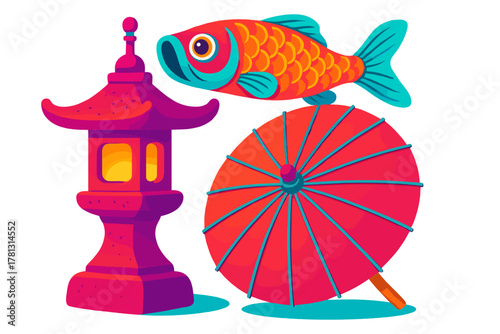 Japanese stone lantern, colorful ornamental fish, and bright red parasol composition