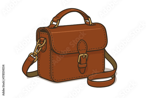 Classic brown leather satchel bag with adjustable shoulder strap and brass buckle closure