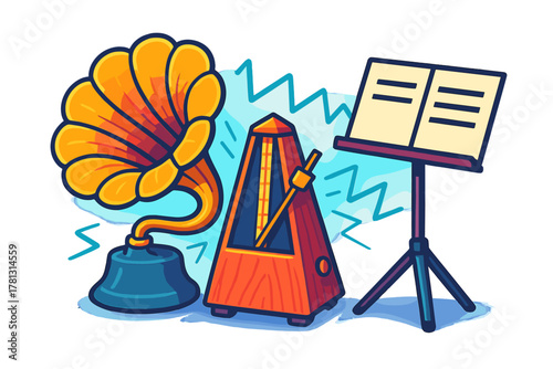 Vintage gramophone metronome and music stand with sheet music for musical practice