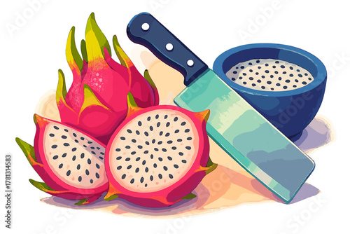 Vibrant pink dragon fruit halves and whole fruit next to a chef's knife and a small bowl