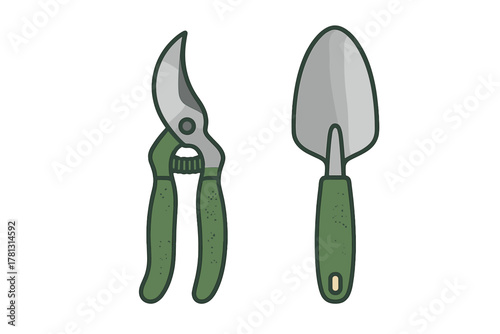 Set of essential gardening tools including pruning shears and a small hand trowel