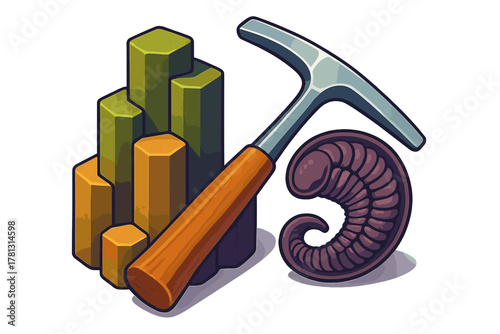 Essential geological research tools including a rock hammer fossil and layered strata columns