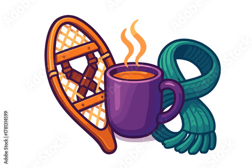Snowshoe, hot drink mug, and knitted scarf representing winter comfort and recreation