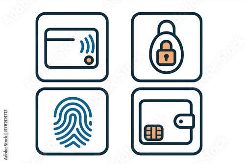 Digital security and payment icons set: contactless card, padlock, biometric fingerprint, and electronic wallet symbol