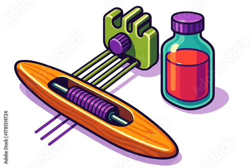 Stylized isometric representation of traditional weaving tools: shuttle, bobbin, loom, and dye bottle