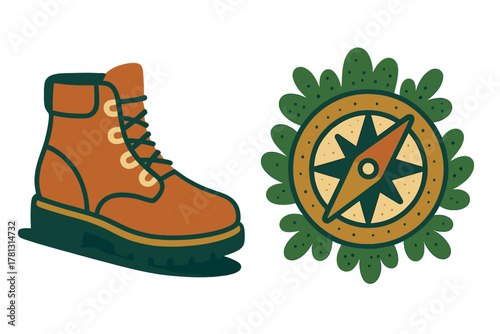 Sturdy hiking boot and stylized navigational compass representing outdoor adventure gear