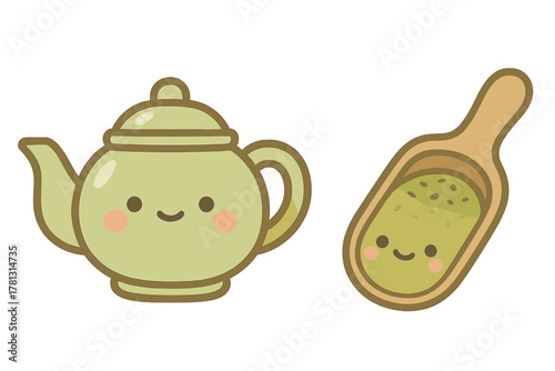 Pastel green teapot and wooden scoop with matcha powder in kawaii style