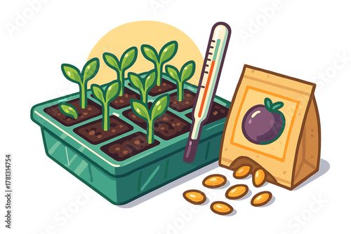 Gardening supplies including a tray of green seedlings, a soil thermometer, and a packet of seeds