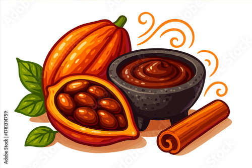 Cocoa pod, raw beans, and cinnamon stick next to a stone bowl filled with dark chocolate paste