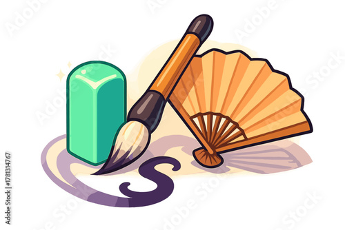 Traditional East Asian calligraphy brush, ink stone, and folding fan composition