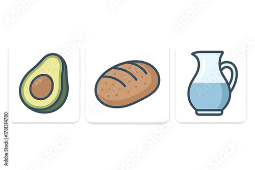 Half avocado, whole loaf of bread, and glass pitcher filled with fresh water