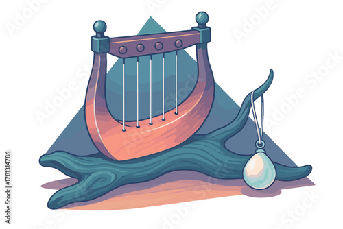 Ancient wooden lyre resting on mystical driftwood with a glowing pearl pendant hanging from a branch