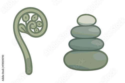Coiled fiddlehead fern frond beside a balanced cairn of smooth river stones