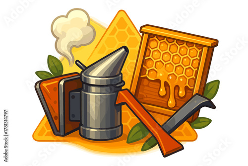 Beekeeping tools set including metal smoker, dripping honeycomb frame, and hive equipment