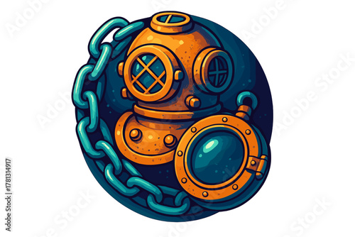 Vintage brass deep sea diving helmet encircled by heavy chain links in a circular design