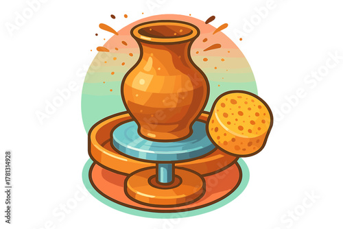 Ceramic clay vase being shaped on a spinning pottery wheel with a yellow sponge