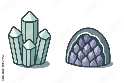 Stylized natural mineral formations including a quartz crystal cluster and a purple amethyst geode cross-section