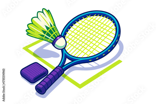 Vibrant badminton racket and shuttlecock with purple grip and neon green strings