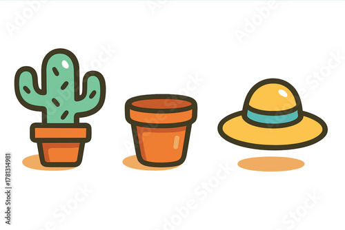 Set of colorful summer and gardening objects including a potted cactus, empty clay pot, and wide-brimmed sun hat