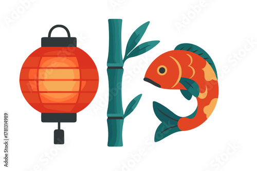Glowing red lantern, green bamboo, and orange koi fish symbolizing Asian prosperity