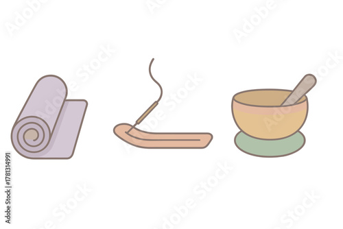 Rolled yoga mat, burning incense stick, and traditional singing bowl used for meditation