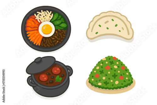 Stylized set of traditional Korean food icons featuring Bibimbap, savory stew, and dumpling