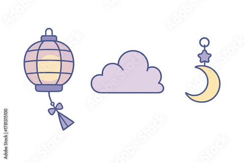 Stylized set of celestial and nighttime elements including glowing lantern cloud and crescent moon