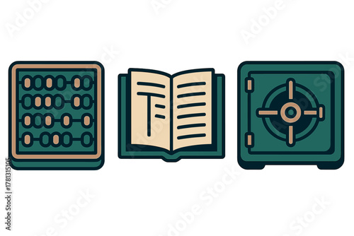 Financial accounting and security concepts represented by abacus open book and strongbox icons