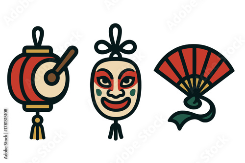 Set of traditional Asian cultural symbols: red lantern, theatrical mask, and folding hand fan