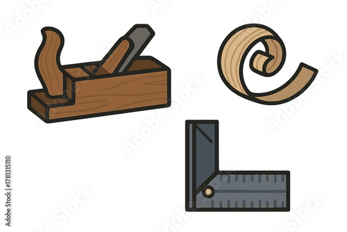 Set of essential woodworking tools featuring a hand plane, square ruler, and wood shaving curl