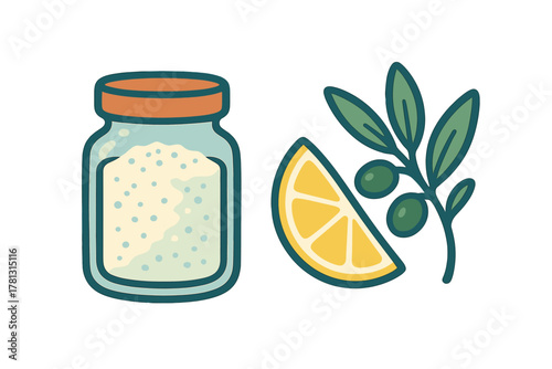 Jar of seasoning salt next to a fresh lemon slice and olive branch ingredients
