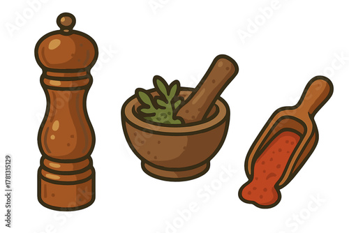 Wooden pepper mill, mortar and pestle with herbs, and scoop with red spice powder on white background