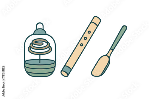 Set of traditional Asian cultural objects including incense burner, wooden flute, and spoon