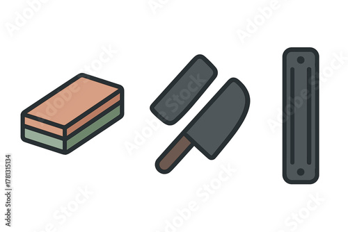 Essential tools for sharpening kitchen knives including a whetstone, chef knife, and honing steel