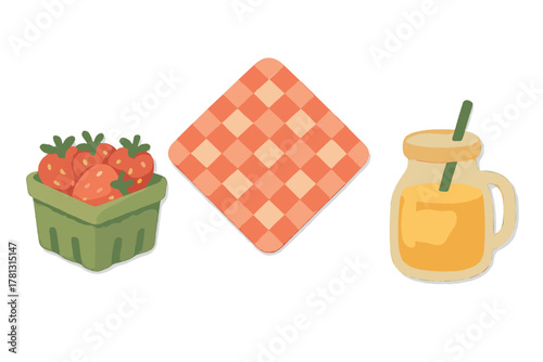 Summer picnic essentials set with fresh strawberries checkered napkin and juice in a glass jar