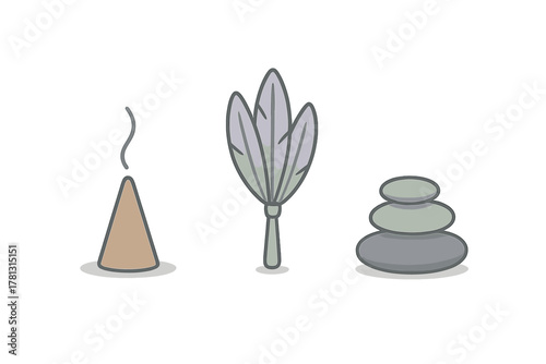 Spiritual cleansing ritual objects with burning incense cone, feather bundle, and balanced zen stones