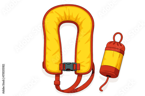 Bright yellow life jacket and red rescue buoy for water safety equipment