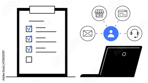 Clipboard with checklist and laptop next to interconnected icons for email, store, payment, user, and support. Ideal for task management, organization, communication, customer service productivity